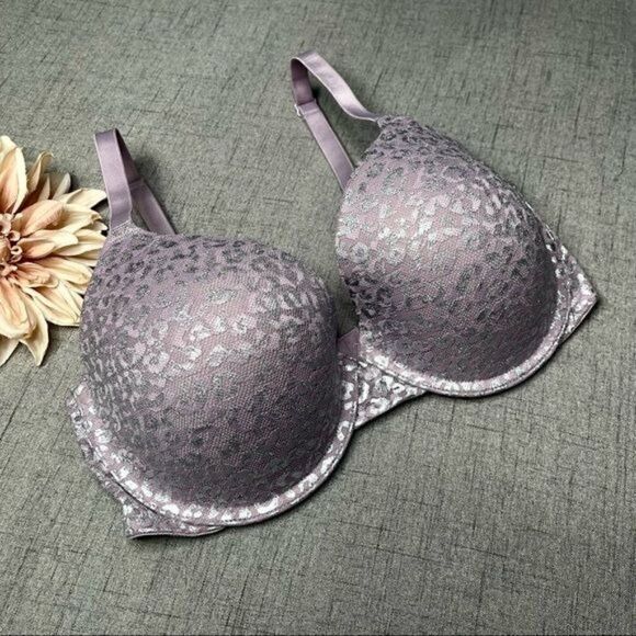 Victoria Secret Pink Wear Everywhere T Shirt Bra Purple & Silver Lace 34DD - Picture 5 of 9